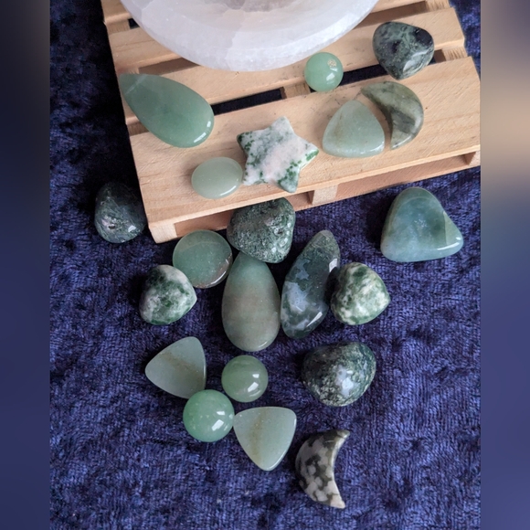 💚 Mossy Heart Bowl ☪️ Aventurine Agate Jasper Quinhai Jade Mini Crystal Hearts - Picture 6 of 10